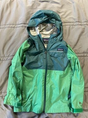 Patagonia Kids Teal and Mint Colorblock Hooded Rain Jacket